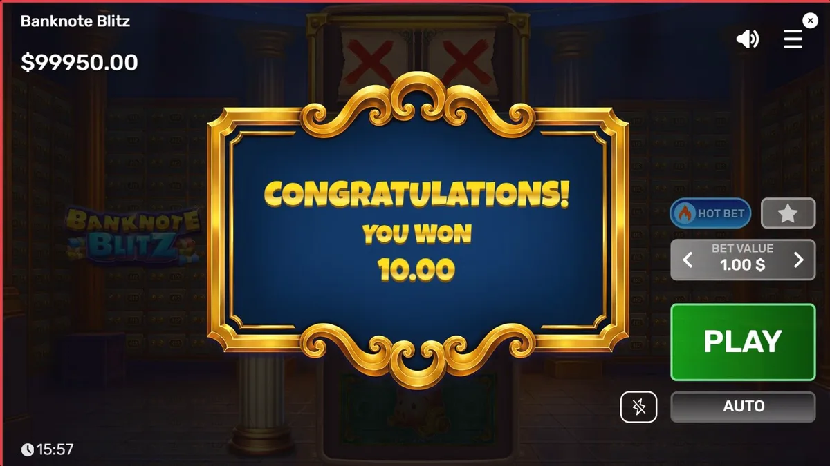 Interface do jogo Banknote Blitz com elementos de cofre e notas bancárias