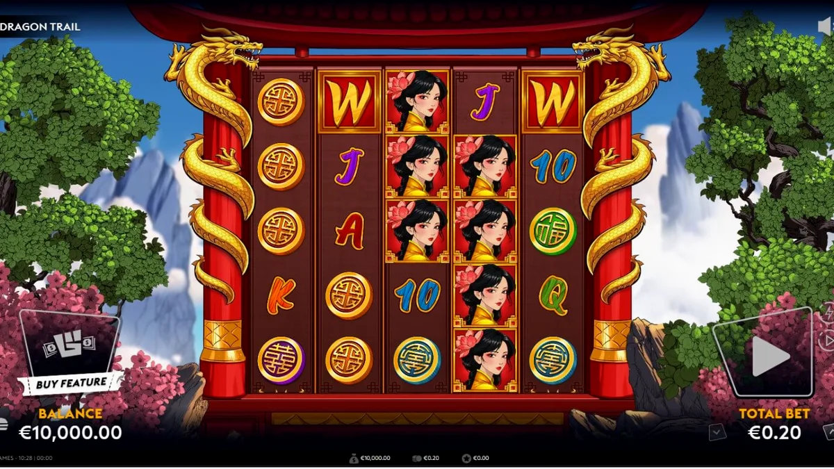 O slot Dragon Trail apresenta uma grade de 5x5 com dragões dourados e temática asiática vibrante.